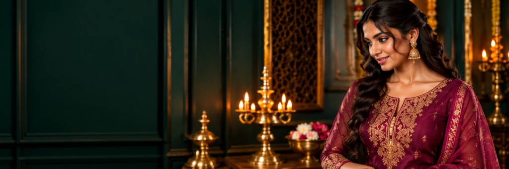 Woman in maroon festive attire by candlelight