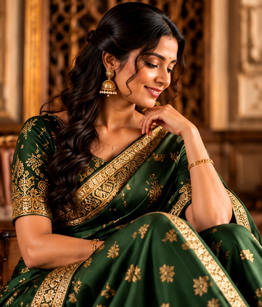 Woman in emerald green saree with gold embroidery