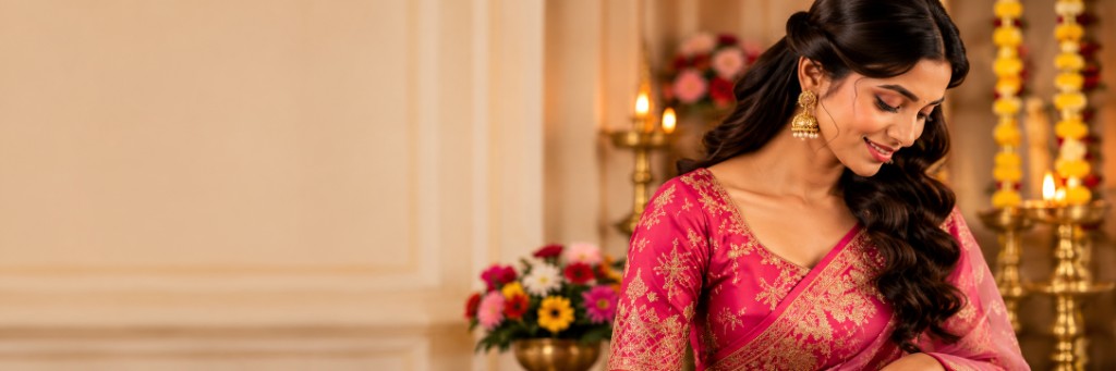 Woman in magenta festive saree with flowers and deepam