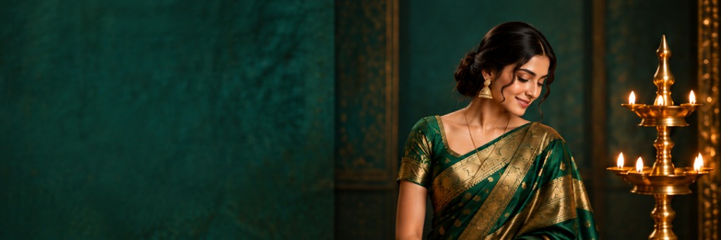 Woman in emerald saree beside a glowing deepam