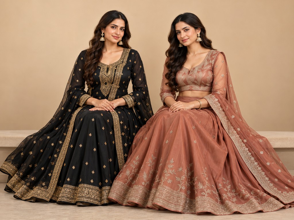 Two women wearing black and bronze festive outfits