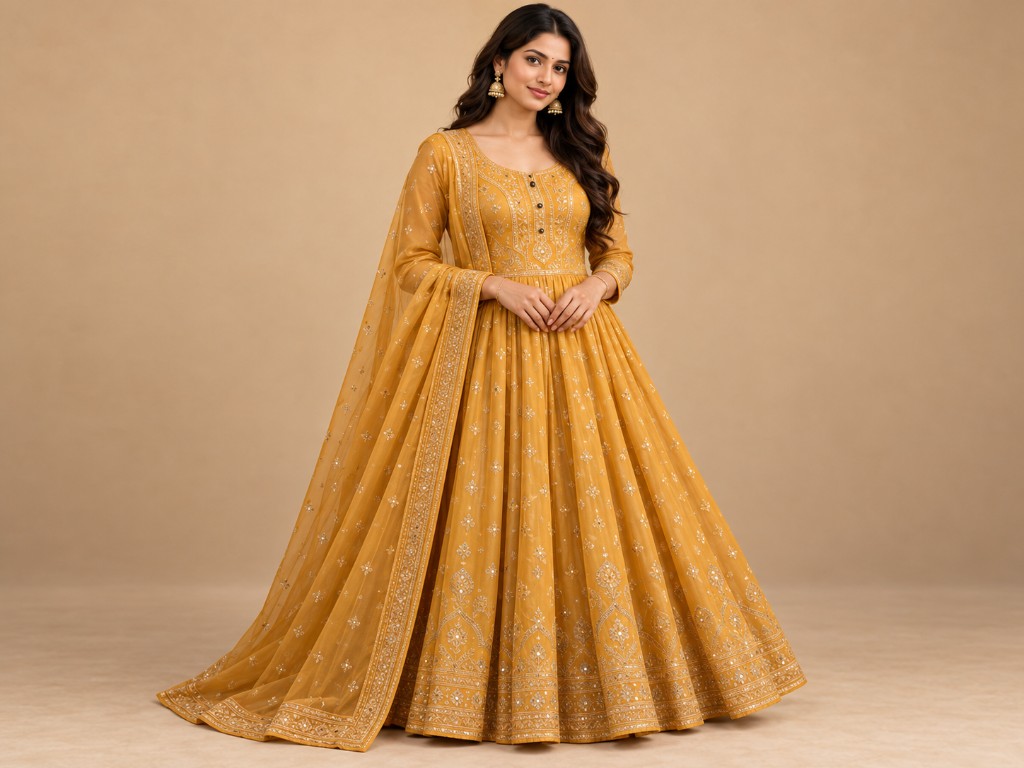 Woman wearing a mustard festive outfit