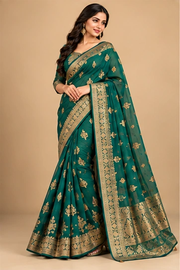 Embroidered Emerald Saree, alternate angle