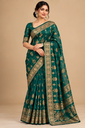 Embroidered Emerald Saree, front view